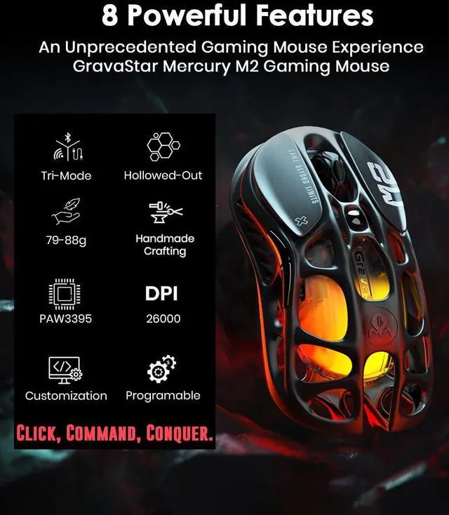 Alt view image 2 of 7 - Mercury M2 Wireless Gaming Mouse with 26,000 DPI, PAW3395DM Sensor -79g Lightweight Hollowed-Out Design -5 Programmable Buttons -5 Dynamic Lightsync RGB - Stealth Black