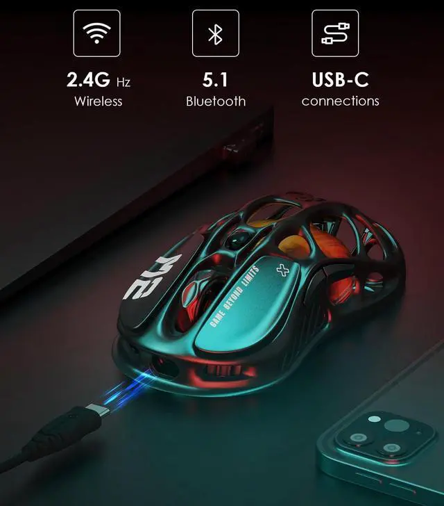 Alt view image 4 of 7 - Mercury M2 Wireless Gaming Mouse with 26,000 DPI, PAW3395DM Sensor -79g Lightweight Hollowed-Out Design -5 Programmable Buttons -5 Dynamic Lightsync RGB - Stealth Black