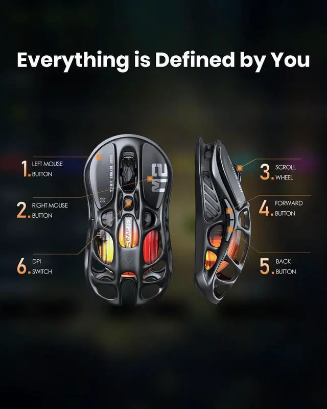 Alt view image 6 of 7 - Mercury M2 Wireless Gaming Mouse with 26,000 DPI, PAW3395DM Sensor -79g Lightweight Hollowed-Out Design -5 Programmable Buttons -5 Dynamic Lightsync RGB - Stealth Black
