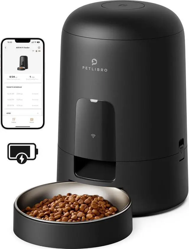 Main image of Automatic Cat Feeder, Wi-Fi Rechargeable Cat Food Dispenser Battery-Operated with 30-Day Life, AIR 2.4G Wi-Fi Timed Pet Feeder for Cat & Dog, 2L Auto Cat Feeder, Black