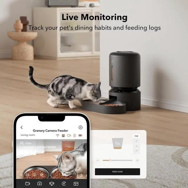 Alt view image 5 of 7 - Automatic Cat Feeder with Camera for Two Cats, 1080P HD Video with Night Vision, 5G WiFi Pet Feeder with 2-Way Audio for Cat & Dog, Low Food & Motion & Sound Alerts, Dual Tray, Black 5L