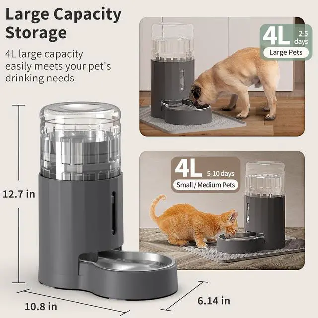 Alt view image 2 of 6 - Cat Water Dispenser with Placemat and Stainless Steel Bowl, Automatic Gravity Water Dispenser for Cats or Small Medium Size Dogs, Large Capacity, Easy to Clean and Safe for Pets (4L)