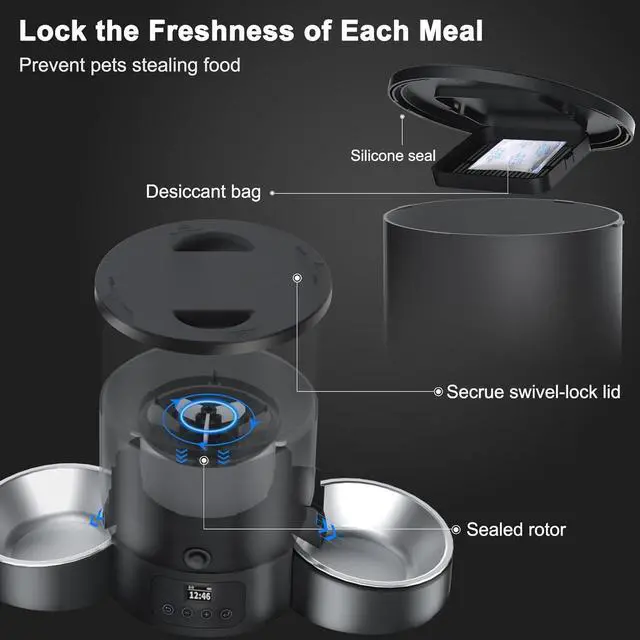 Alt view image 5 of 7 - Automatic Cat Feeder for 2 Cats, 3L Cat Food Dispenser SURDY Auto Cat Feeder with 2 Stainless Bowls, 10s Meal Call Dual Power Supply and Timer Setting 12 Portions 6 Meals Per Day for Cats and Dogs