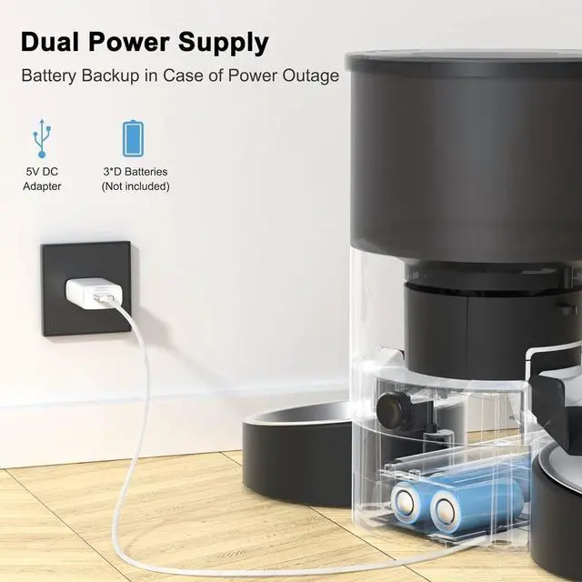 Alt view image 7 of 7 - Automatic Cat Feeder for 2 Cats, 3L Cat Food Dispenser SURDY Auto Cat Feeder with 2 Stainless Bowls, 10s Meal Call Dual Power Supply and Timer Setting 12 Portions 6 Meals Per Day for Cats and Dogs