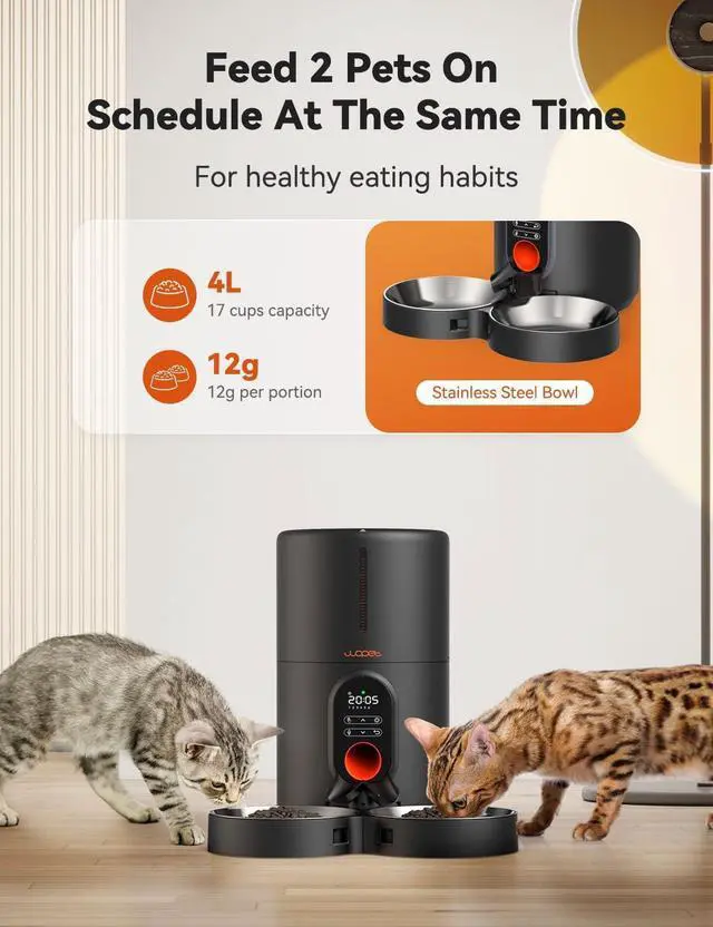 Alt view image 2 of 6 - Automatic Cat Feeders 2 Cats Timed Cat Feeder with Stainless Steel Bowl, Programmable 1-6 Meals Control, Dual Power Supply, Automatic Pet Feeder for Dogs and Cats