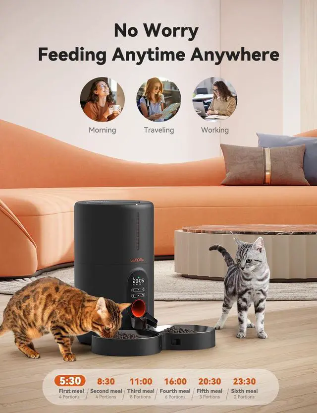 Alt view image 4 of 6 - Automatic Cat Feeders 2 Cats Timed Cat Feeder with Stainless Steel Bowl, Programmable 1-6 Meals Control, Dual Power Supply, Automatic Pet Feeder for Dogs and Cats