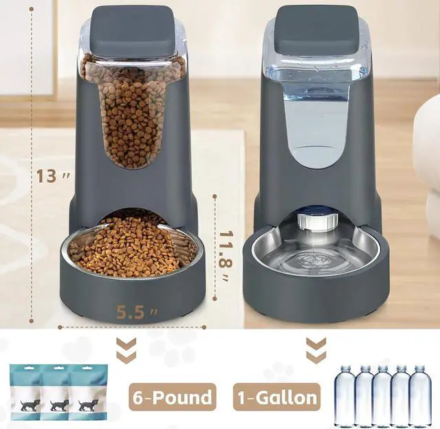 Alt view image 2 of 7 - Automatic Cat Feeder and Water Dispenser with Stainless Steel Bowl Dog Gravity Food Feeder and Waterer for Small Medium Pets Puppy Kitten 1 Gallon x 2