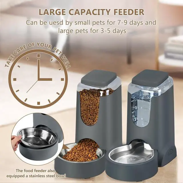 Alt view image 5 of 7 - Automatic Cat Feeder and Water Dispenser with Stainless Steel Bowl Dog Gravity Food Feeder and Waterer for Small Medium Pets Puppy Kitten 1 Gallon x 2