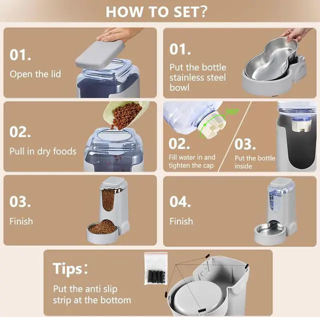 Alt view image 6 of 7 - Automatic Cat Feeder and Water Dispenser with Stainless Steel Bowl Dog Gravity Food Feeder and Waterer for Small Medium Pets Puppy Kitten 1 Gallon x 2