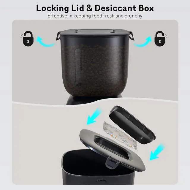 Alt view image 3 of 7 - Automatic Cat Feeder and Cat Water Dispenser FW1, Wire or Battery Cat Food Dispenser Timer Pet Feeder - Locking Lid, Desiccant Bag, Programmable Portion Control, 4 Daily Meals, 10s Voice Recorder