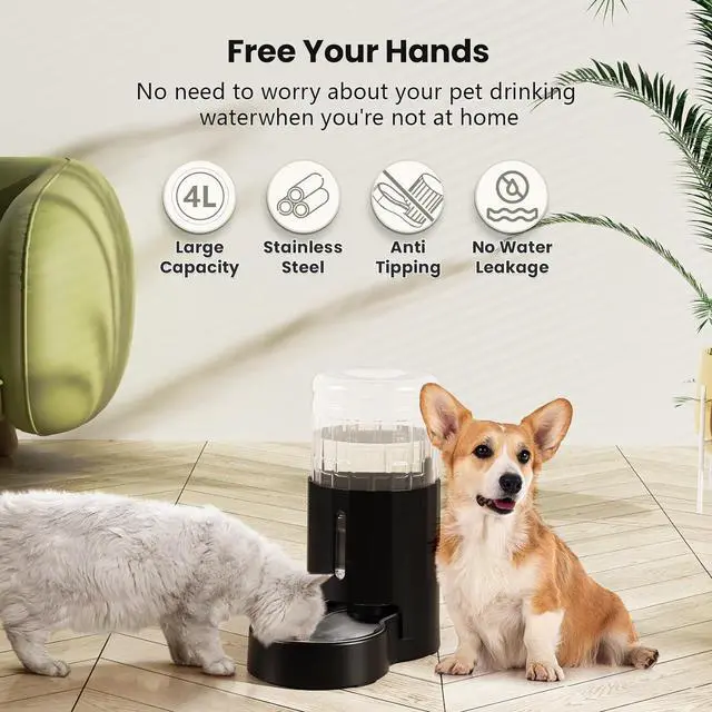 Alt view image 6 of 6 - 4L Cat Water Dispenser, Automatic Gravity Cat Water Bowl, Visible Window, Safe and Unplugged for Pet Cat Dog (Black, 4L+Stainless Steel Bowl)
