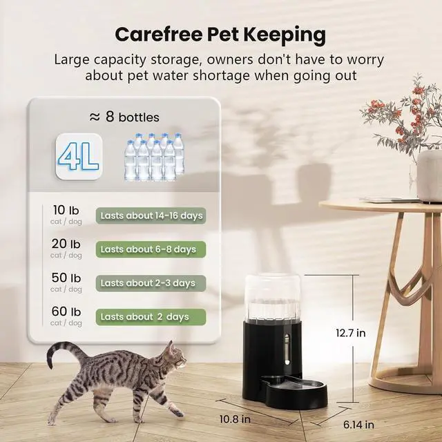 Alt view image 5 of 6 - 4L Cat Water Dispenser, Automatic Gravity Cat Water Bowl, Visible Window, Safe and Unplugged for Pet Cat Dog (Black, 4L+Stainless Steel Bowl)