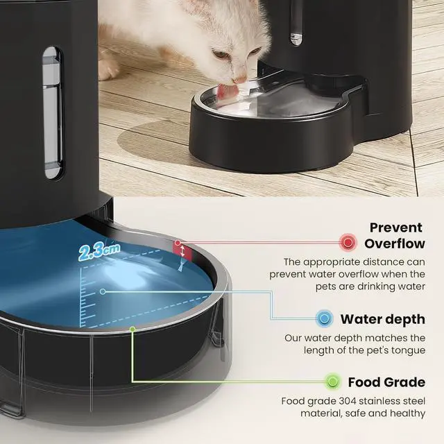 Alt view image 3 of 6 - 4L Cat Water Dispenser, Automatic Gravity Cat Water Bowl, Visible Window, Safe and Unplugged for Pet Cat Dog (Black, 4L+Stainless Steel Bowl)