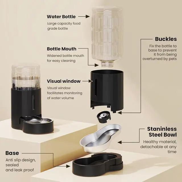 Alt view image 4 of 6 - 4L Cat Water Dispenser, Automatic Gravity Cat Water Bowl, Visible Window, Safe and Unplugged for Pet Cat Dog (Black, 4L+Stainless Steel Bowl)