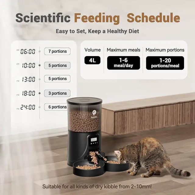 Alt view image 2 of 7 - Dual Automatic Cat Feeder: Cat Feeder Automatic for 2 Cats- Timed Auto Feeder 16 Cups/4L Cat Food Dispenser& Dual Power Auto Pet Feeder for Indoor Cat&Dog| 1-6 Meals Portions Control, Black