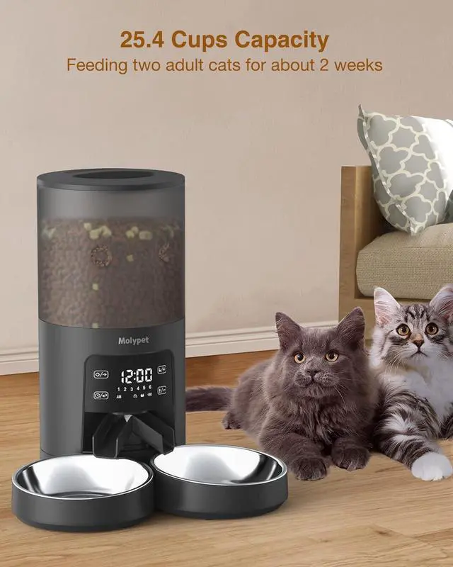 Alt view image 3 of 7 - Automatic Cat Feeders for 2 Cats - 6L Cat Food Dispenser with Double Bowls, Programmable Timed Cat Feeder up to 6 Meals per Day with 10S Voice Recorder, Support Dual Power Supply