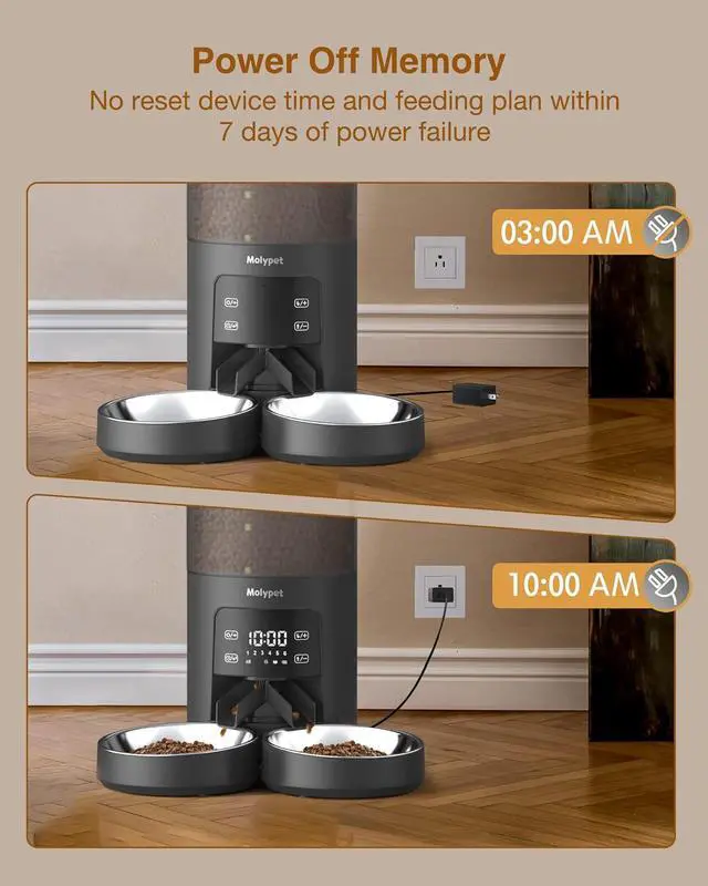 Alt view image 6 of 7 - Automatic Cat Feeders for 2 Cats - 6L Cat Food Dispenser with Double Bowls, Programmable Timed Cat Feeder up to 6 Meals per Day with 10S Voice Recorder, Support Dual Power Supply