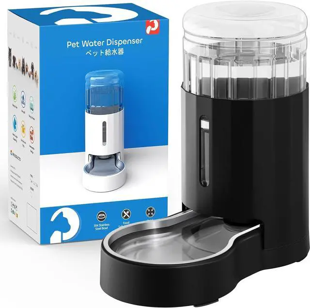 Main image of 4L Cat Water Dispenser, Automatic Gravity Cat Water Bowl, Visible Window, Safe and Unplugged for Pet Cat Dog (Black, 4L+Stainless Steel Bowl)