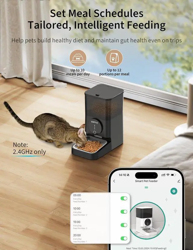 Alt view image 2 of 7 - Automatic Dog Feeder, 4L Large Capacity Dry Food Pet Feeder 1-10 Meals Timed Dog Food Feeder Cat Food Dispenser, Stainless Steel Food Bowl/Dual Power/Anti-Blockage Auto Feeder Indoor Outdoor (Black)