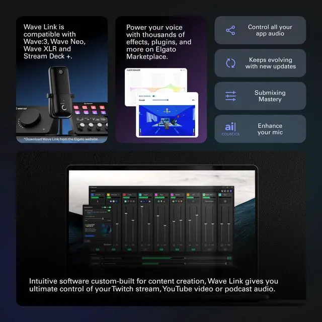 Alt view image 6 of 7 - Elgato Wave:3 - Premium Studio Quality USB Condenser Microphone for Streaming, Podcast, Gaming and Home Office, Free Mixer Software, Sound Effect Plugins, Anti-Distortion, Plug n Play, for Mac, PC