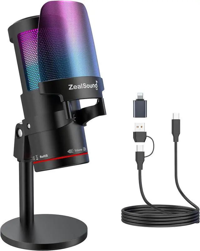 Main image of ZealSound Gaming USB Microphone,Noise Cancellation Condenser mic with RGB Light,Touch Mute,Gain,Monitoring for Streaming, Podcast, Twitch, YouTube, Discord, iPhone, iPad,PC,Computer,PS4,PS5,Mac