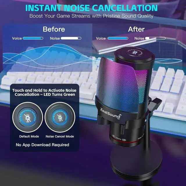 Alt view image 2 of 7 - ZealSound Gaming USB Microphone,Noise Cancellation Condenser mic with RGB Light,Touch Mute,Gain,Monitoring for Streaming, Podcast, Twitch, YouTube, Discord, iPhone, iPad,PC,Computer,PS4,PS5,Mac