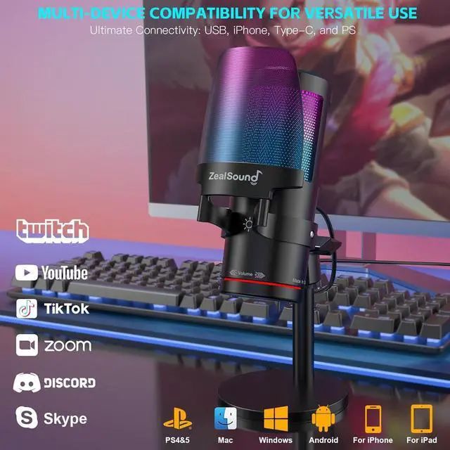 Alt view image 3 of 7 - ZealSound Gaming USB Microphone,Noise Cancellation Condenser mic with RGB Light,Touch Mute,Gain,Monitoring for Streaming, Podcast, Twitch, YouTube, Discord, iPhone, iPad,PC,Computer,PS4,PS5,Mac