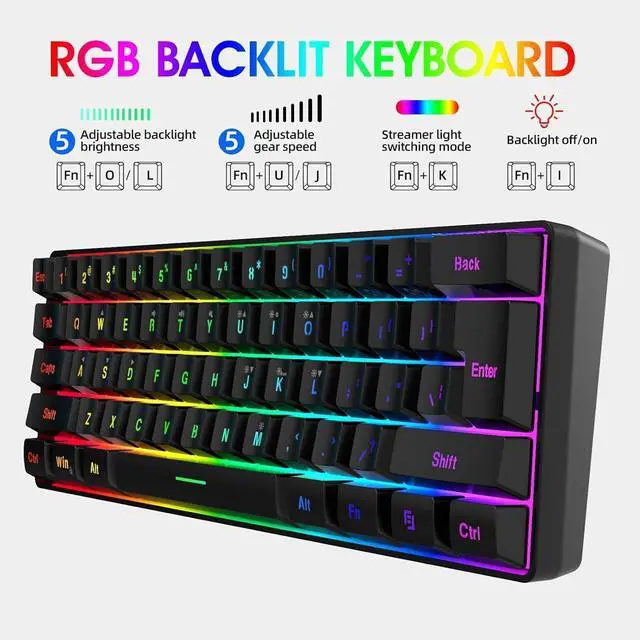 Alt view image 2 of 6 - 60% Wired Gaming Keyboard, RGB Backlit Ultra-Compact Mini Keyboard, Waterproof Small Compact 61 Keys Keyboard for PC/Mac Gamer, Typist, Travel, Easy to Carry on Business Trip(Black)