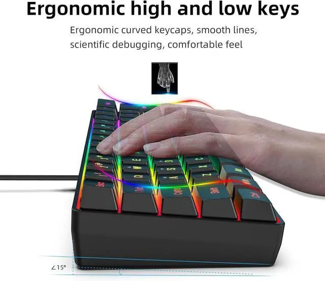 Alt view image 3 of 6 - 60% Wired Gaming Keyboard, RGB Backlit Ultra-Compact Mini Keyboard, Waterproof Small Compact 61 Keys Keyboard for PC/Mac Gamer, Typist, Travel, Easy to Carry on Business Trip(Black)