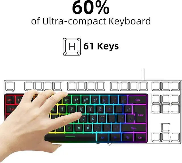 Alt view image 5 of 6 - 60% Wired Gaming Keyboard, RGB Backlit Ultra-Compact Mini Keyboard, Waterproof Small Compact 61 Keys Keyboard for PC/Mac Gamer, Typist, Travel, Easy to Carry on Business Trip(Black)