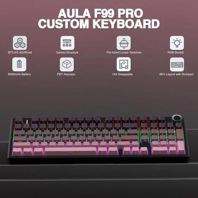 Alt view image 2 of 7 - AULA F99 Pro Wireless Mechanical Keyboard with Knob,Tri-Mode BT5.0/USB-C/2.4GHz Hot Swappable Keyboard,Pre-lubed Switches,Gasket Structure,RGB Backlit Computer Gaming Keyboards