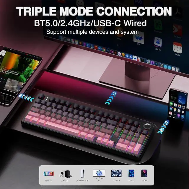 Alt view image 3 of 7 - AULA F99 Pro Wireless Mechanical Keyboard with Knob,Tri-Mode BT5.0/USB-C/2.4GHz Hot Swappable Keyboard,Pre-lubed Switches,Gasket Structure,RGB Backlit Computer Gaming Keyboards
