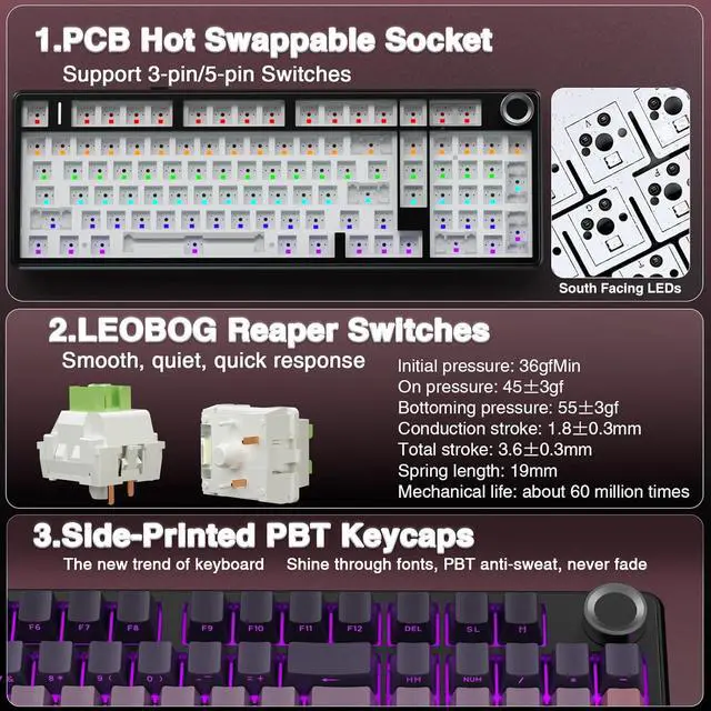Alt view image 5 of 7 - AULA F99 Pro Wireless Mechanical Keyboard with Knob,Tri-Mode BT5.0/USB-C/2.4GHz Hot Swappable Keyboard,Pre-lubed Switches,Gasket Structure,RGB Backlit Computer Gaming Keyboards