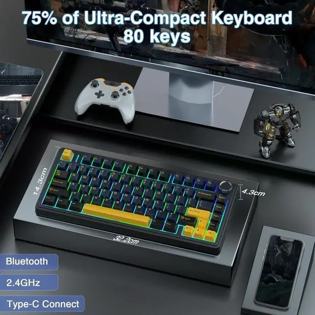 Alt view image 2 of 7 - AULA F75 75% Wireless Mechanical Keyboard,Gasket Hot Swappable Custom Keyboard,Pre-lubed Greywood Switches RGB Backlit Gaming Keyboard,2.4GHz/Type-C/BT5.0 Mechanical Keyboard (Cool Black)