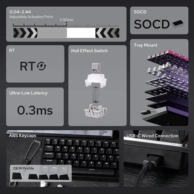 Alt view image 2 of 7 - Aula WIN60 HE 60% Wired Magnetic Keyboard with Adjustable Actuation, 8000 Hz Polling Rate, Hall Effect Switches, Hot-Swap, for FPS Games (Black)