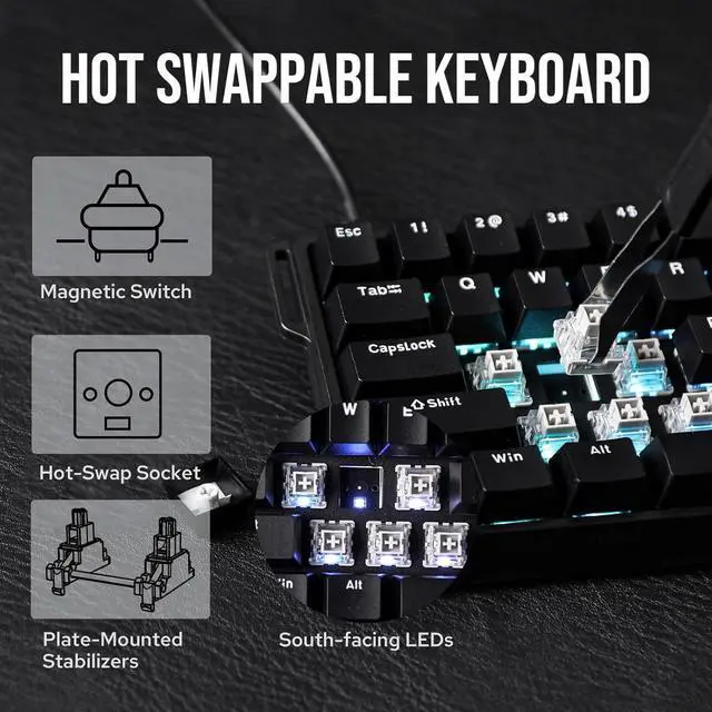 Alt view image 3 of 7 - Aula WIN60 HE 60% Wired Magnetic Keyboard with Adjustable Actuation, 8000 Hz Polling Rate, Hall Effect Switches, Hot-Swap, for FPS Games (Black)