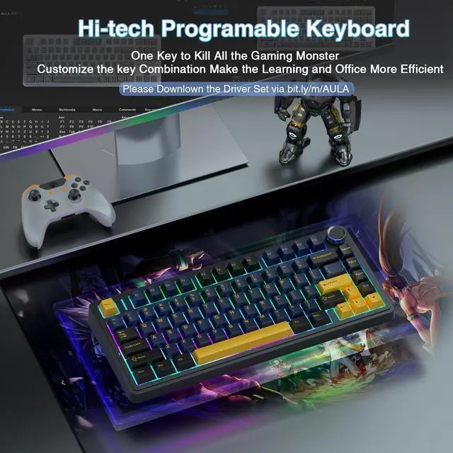 Alt view image 6 of 7 - AULA F75 75% Wireless Mechanical Keyboard,Gasket Hot Swappable Custom Keyboard,Pre-lubed Greywood Switches RGB Backlit Gaming Keyboard,2.4GHz/Type-C/BT5.0 Mechanical Keyboard (Cool Black)