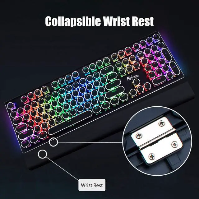 Alt view image 3 of 7 - DoubleW Typewriter Style Mechanical Gaming Keyboard with True RGB Backlit, Detachable Wrist Rest, 108-Key Anti-Ghosting Blue Switch Retro Steampunk Vintage Round Keycaps, Black