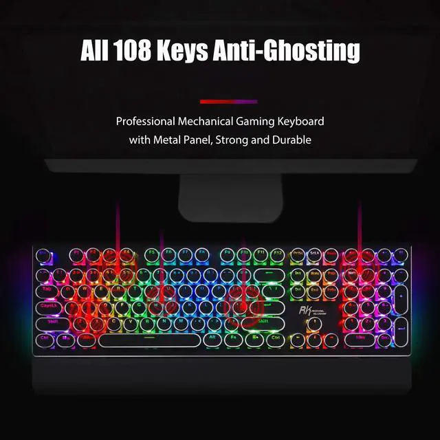 Alt view image 4 of 7 - DoubleW Typewriter Style Mechanical Gaming Keyboard with True RGB Backlit, Detachable Wrist Rest, 108-Key Anti-Ghosting Blue Switch Retro Steampunk Vintage Round Keycaps, Black