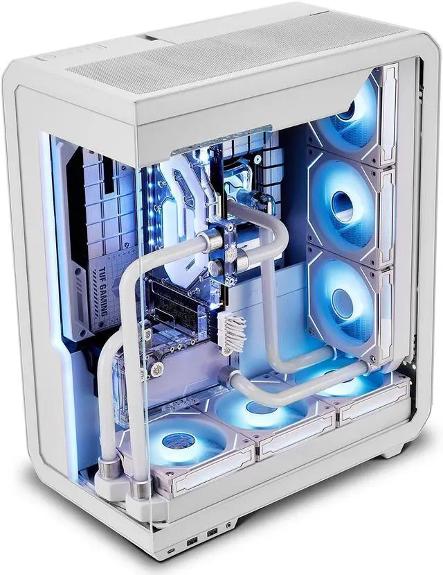 Alt view image 2 of 7 - SSUPD Xhuttle White ATX Mid Tower Gaming Case, with a dual - chamber design, Panoramic Tempered Glass ,Vertical GPU Airflow, Includes 3 x 120mm ARGB Reverse Fan, RGB Strip