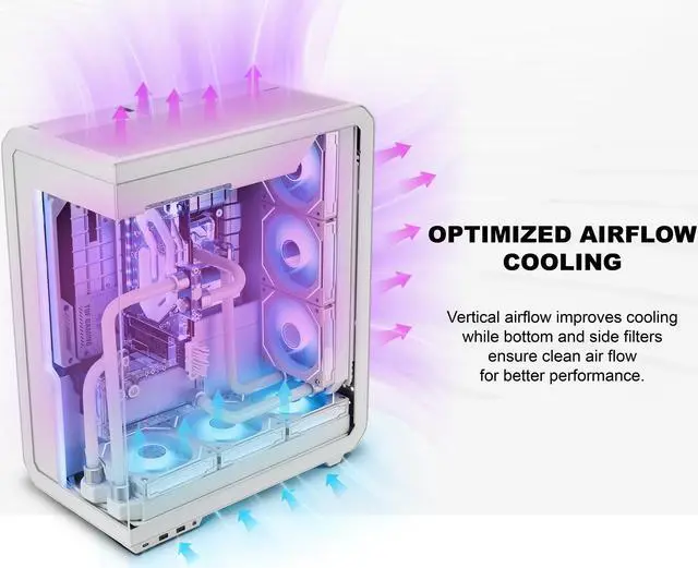 Alt view image 5 of 7 - SSUPD Xhuttle White ATX Mid Tower Gaming Case, with a dual - chamber design, Panoramic Tempered Glass ,Vertical GPU Airflow, Includes 3 x 120mm ARGB Reverse Fan, RGB Strip
