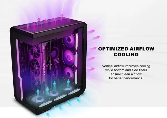 Alt view image 5 of 7 - SSUPD Xhuttle Black ATX Mid Tower Gaming Case, with a dual - chamber design, Panoramic Tempered Glass ,Vertical GPU Airflow, Includes 3 x 120mm ARGB Reverse Fan, RGB Strip