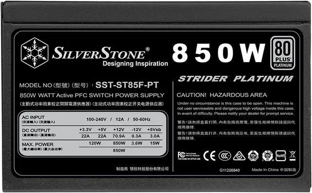 Alt view image 2 of 7 - SilverStone Technology ST85F-PT Strider 850 Watt 80 Plus Platinum Modular PSU 850 Power Supply PS-ST85F-PT-x