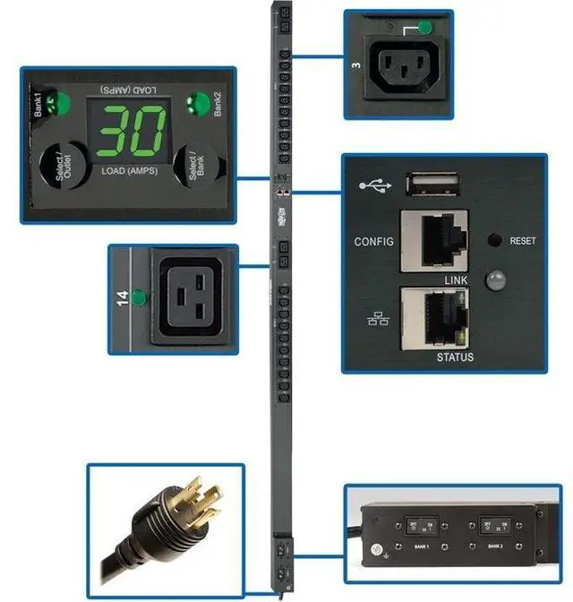 Alt view image 2 of 11 - Tripp Lite PDU Monitored 24 Outlets 208/240V 5.8kW L6-30P PDUNVR30HVLX