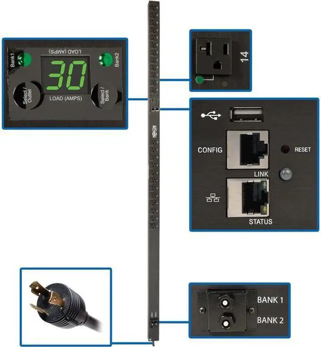Alt view image 2 of 5 - Tripp Lite PDU Monitored Per Outlet 24 5-15/20R 30A 2.9kW LX 0U PDUNVR30LX