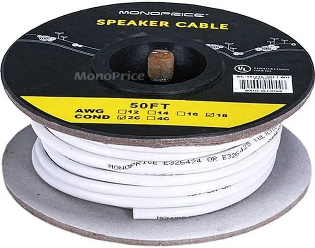 Alt view image 4 of 8 - Monoprice Speaker Wire, CL2 Rated, 2-Conductor, 18AWG, 50ft, White