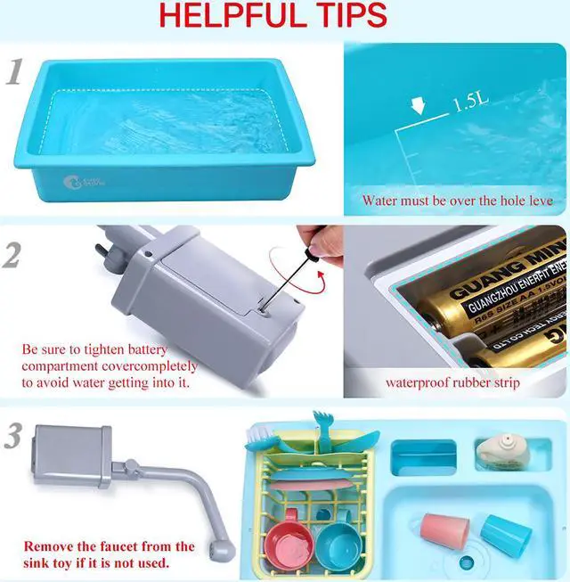 Alt view image 7 of 7 - CUTE STONE Color Changing Kitchen Sink Toys, Children Heat Sensitive Electric Dishwasher Playing Toy with Running Water, Automatic Water Cycle System Play House Pretend Role Play Toys for Boys Girls
