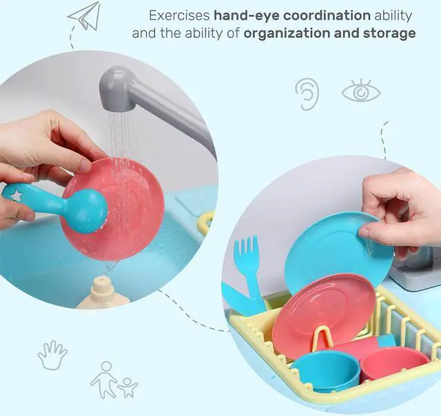 Alt view image 6 of 7 - CUTE STONE Color Changing Kitchen Sink Toys, Children Heat Sensitive Electric Dishwasher Playing Toy with Running Water, Automatic Water Cycle System Play House Pretend Role Play Toys for Boys Girls