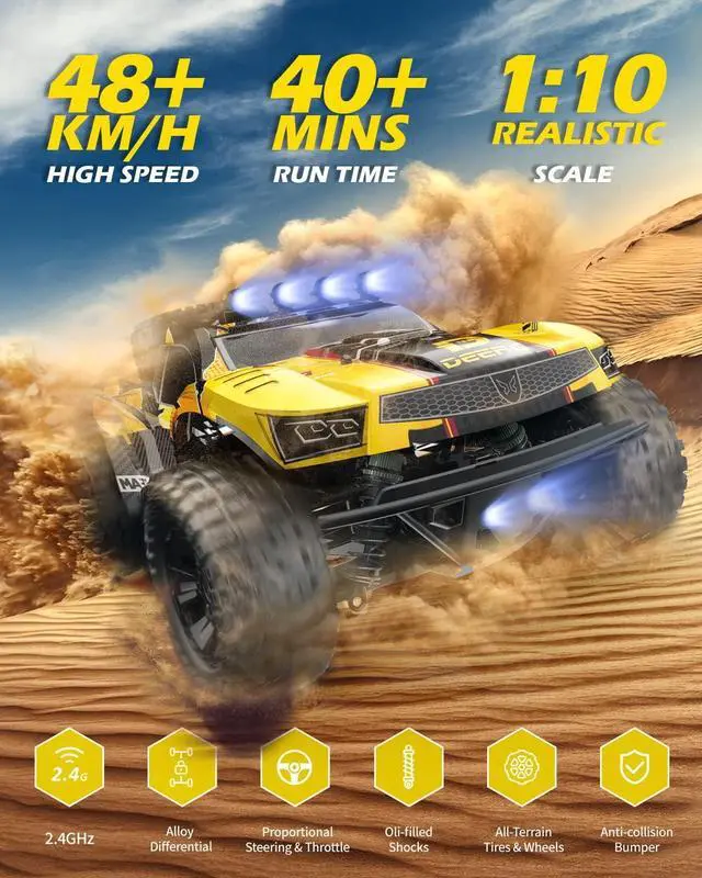 Alt view image 2 of 7 - DEERC 9201E 1:10 Large Remote Control Truck with Lights, Fast Short Course RC Car, 48 km/h 4x4 Off-Road Hobby Grade Toy Monster Crawler Electric Vehicle with 2 Rechargeable Batteries