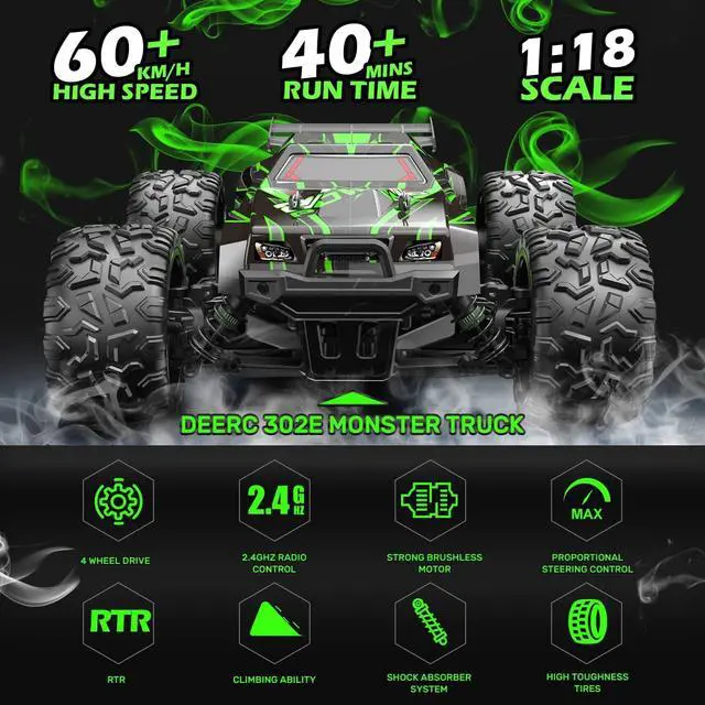 Alt view image 4 of 7 - DEERC Brushless 302E RC Cars, Upgraded 60KM/H High Speed Remote Control Car for Adults, 4WD 1:18 Scale All Terrain Off Road Monster Truck with DIY Extra Shell, 2 Battery
